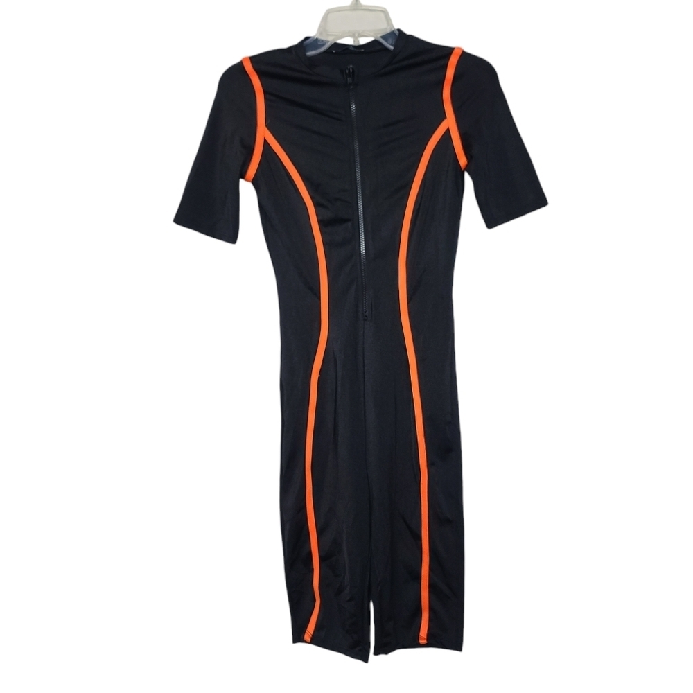 Fashion Nova Black Orange Half Zip Jumpsuit S